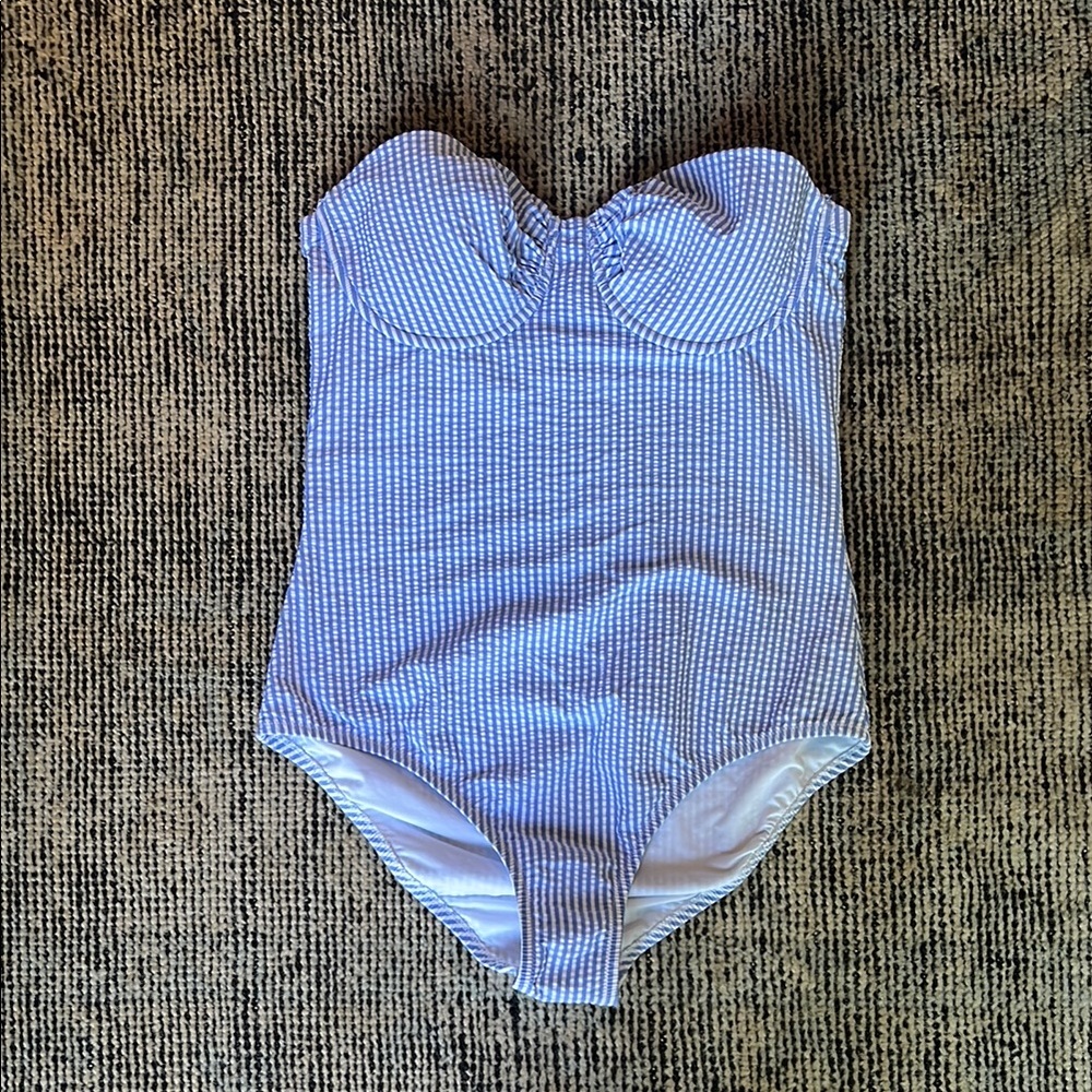 J. Crew Blue and White Seersucker One Piece Swimsuit Classic Design